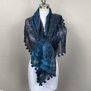 La Fioretina Silk Cotton Snake Print Tassel Scarf Wrap Cover Up Black Blue